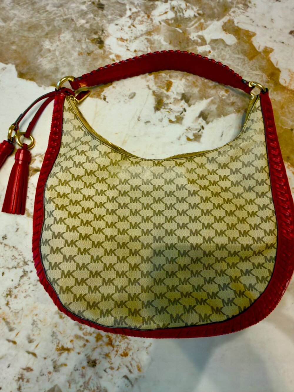 Michael Kors Signature Logo Shoulder Bag HOBO Beige Red